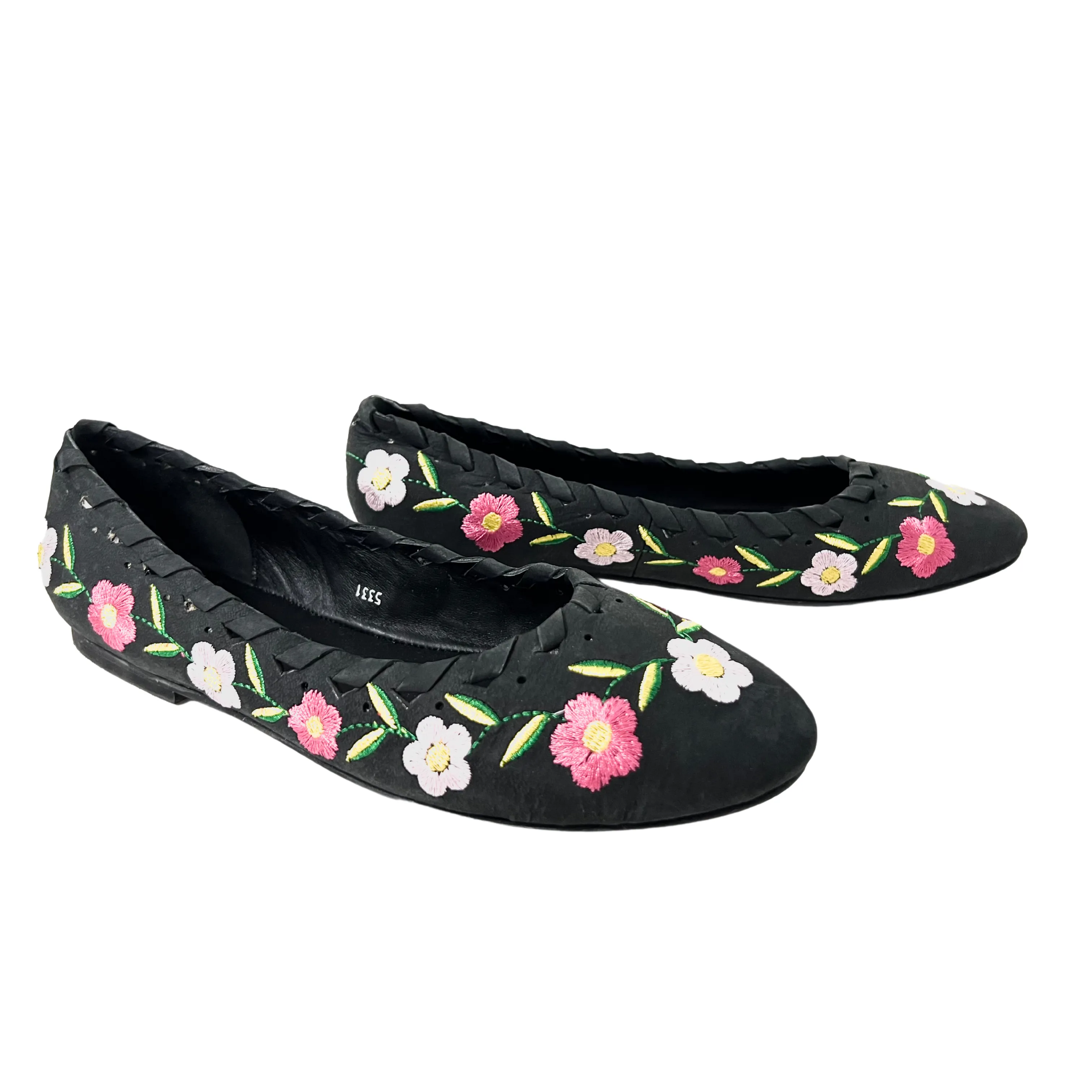 June Black leather Flower embroidered Ballerina