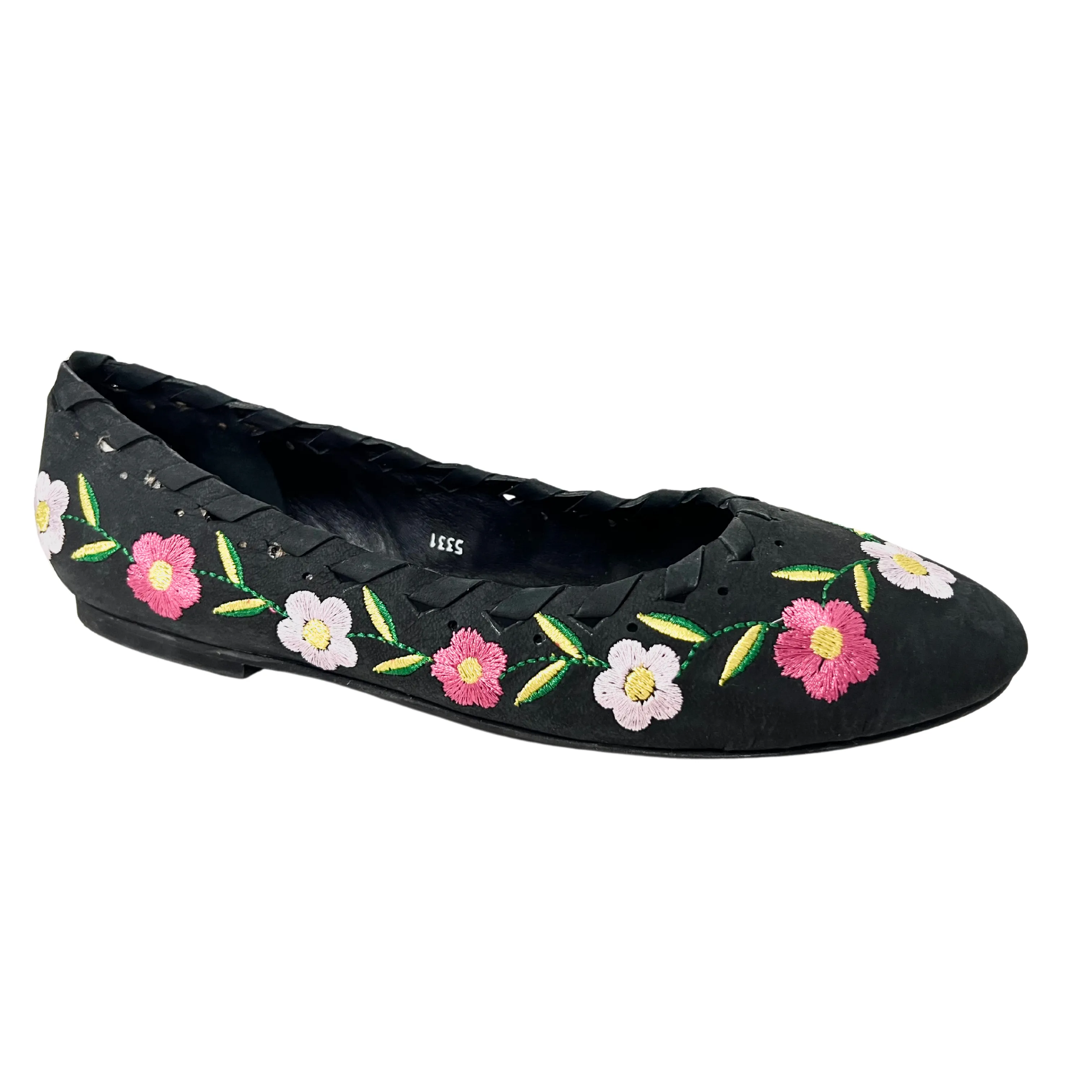 June Black leather Flower embroidered Ballerina