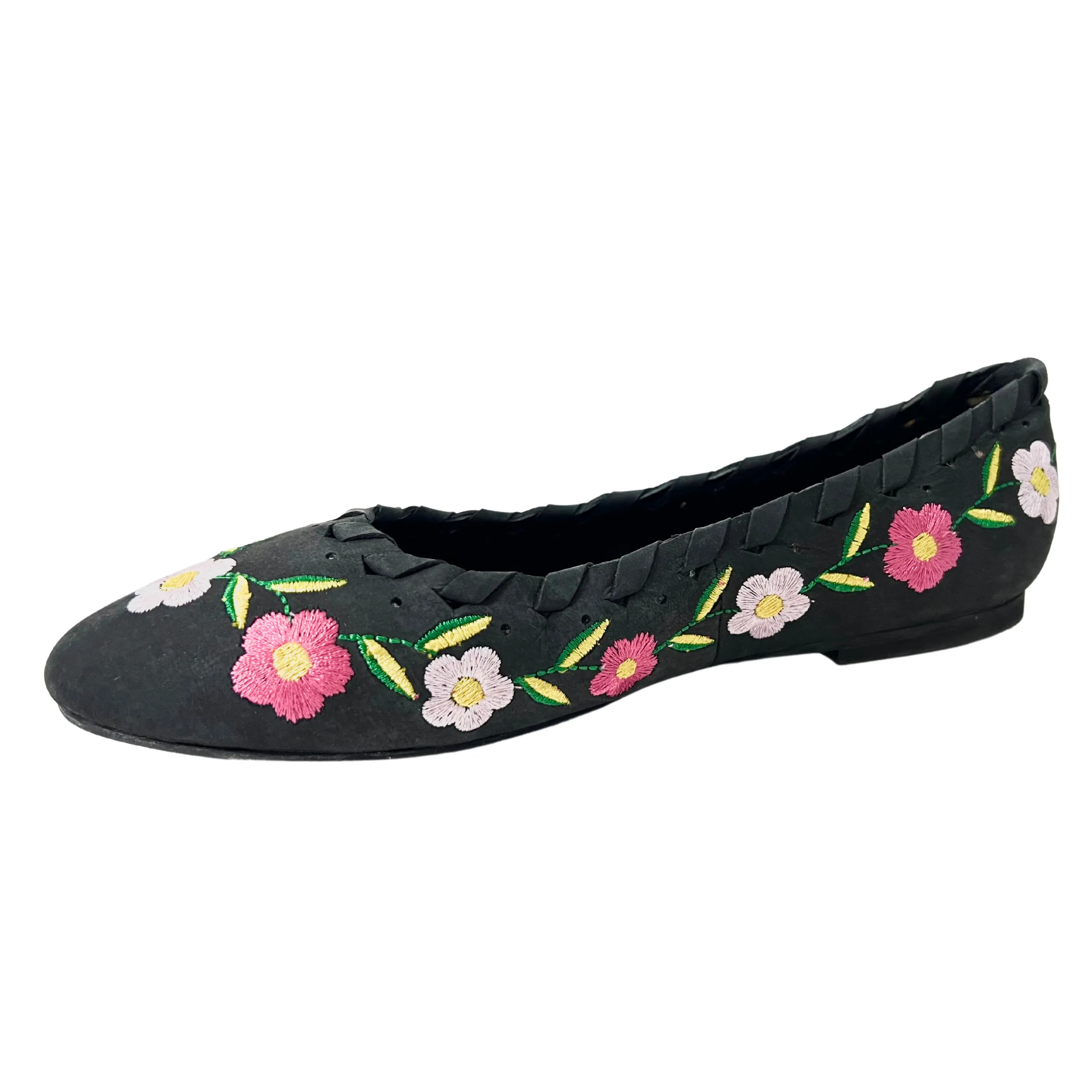 June Black leather Flower embroidered Ballerina