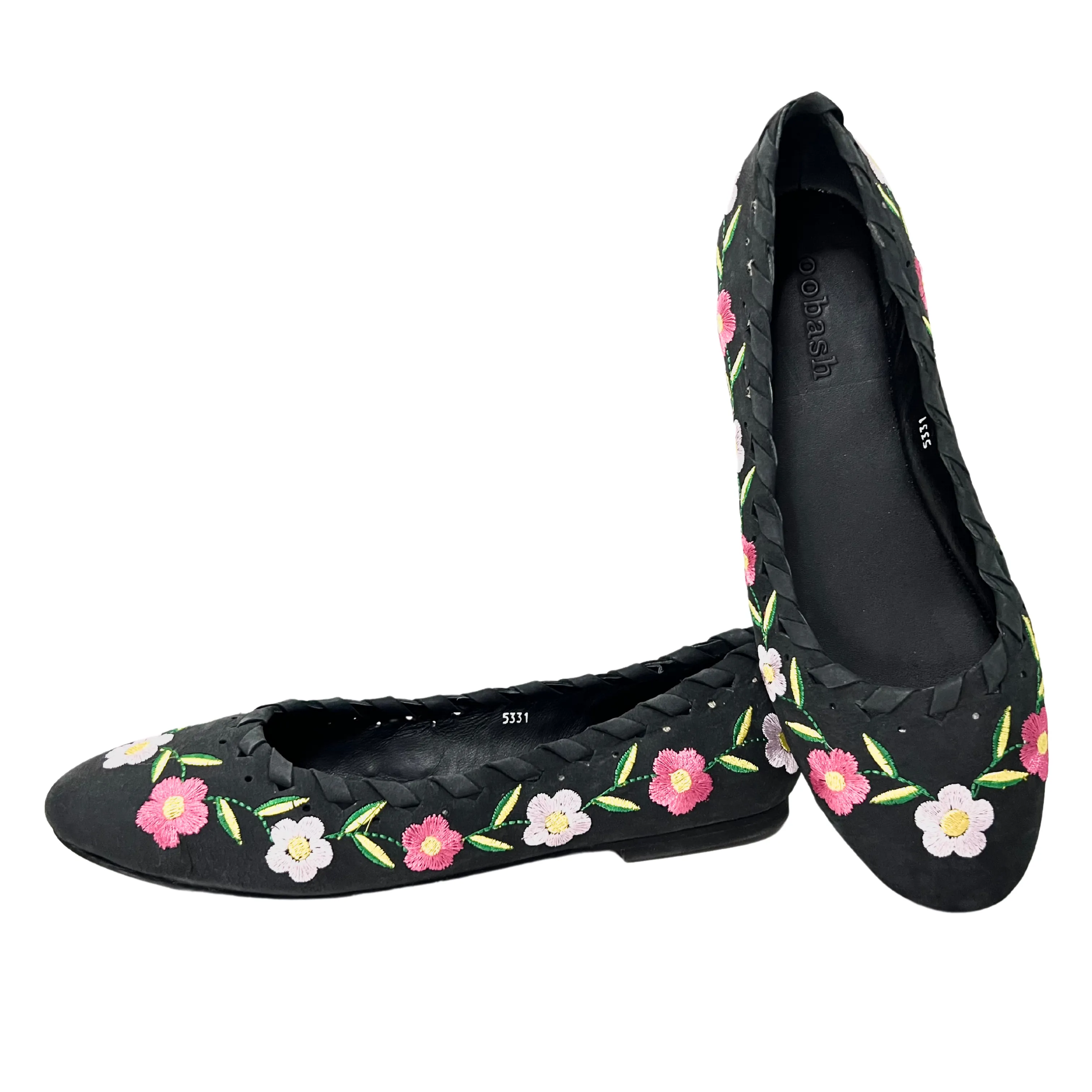 June Black leather Flower embroidered Ballerina