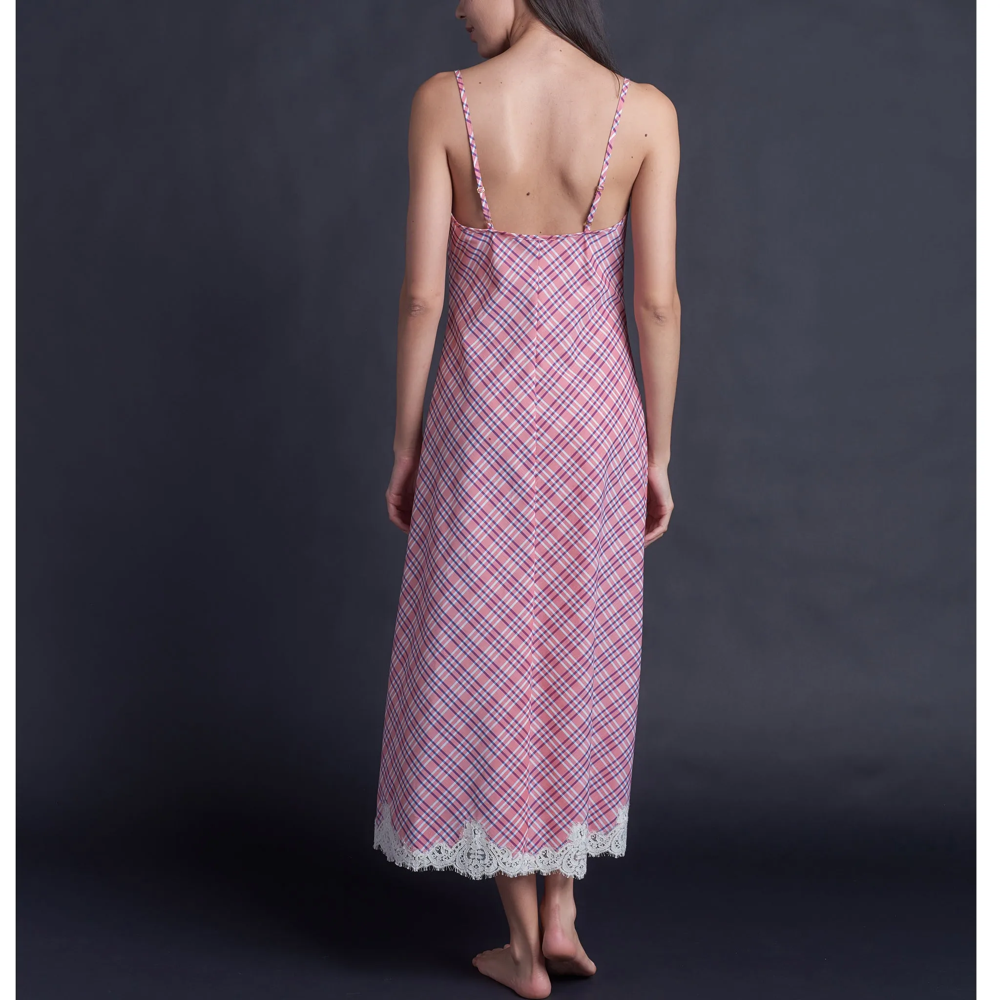 Juno Slip Dress in Italian Cotton Pink Plaid with Lace