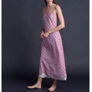 Juno Slip Dress in Italian Cotton Pink Plaid with Lace