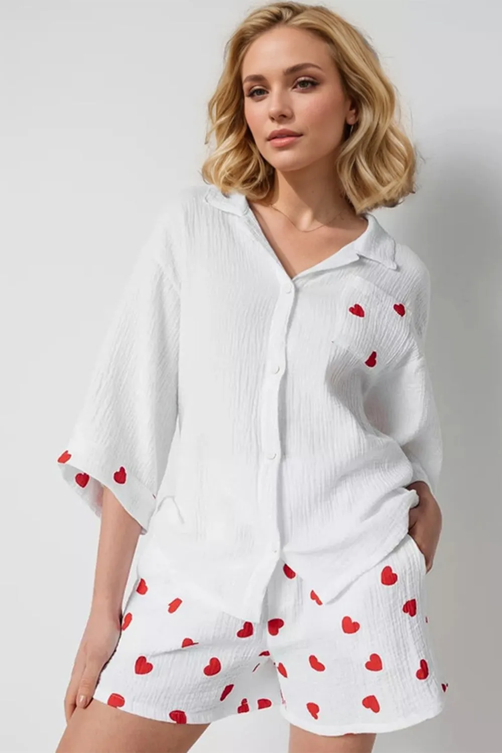 kesley Basic Bae Heart Collared Neck Button Down Top and Shorts Set lounge set