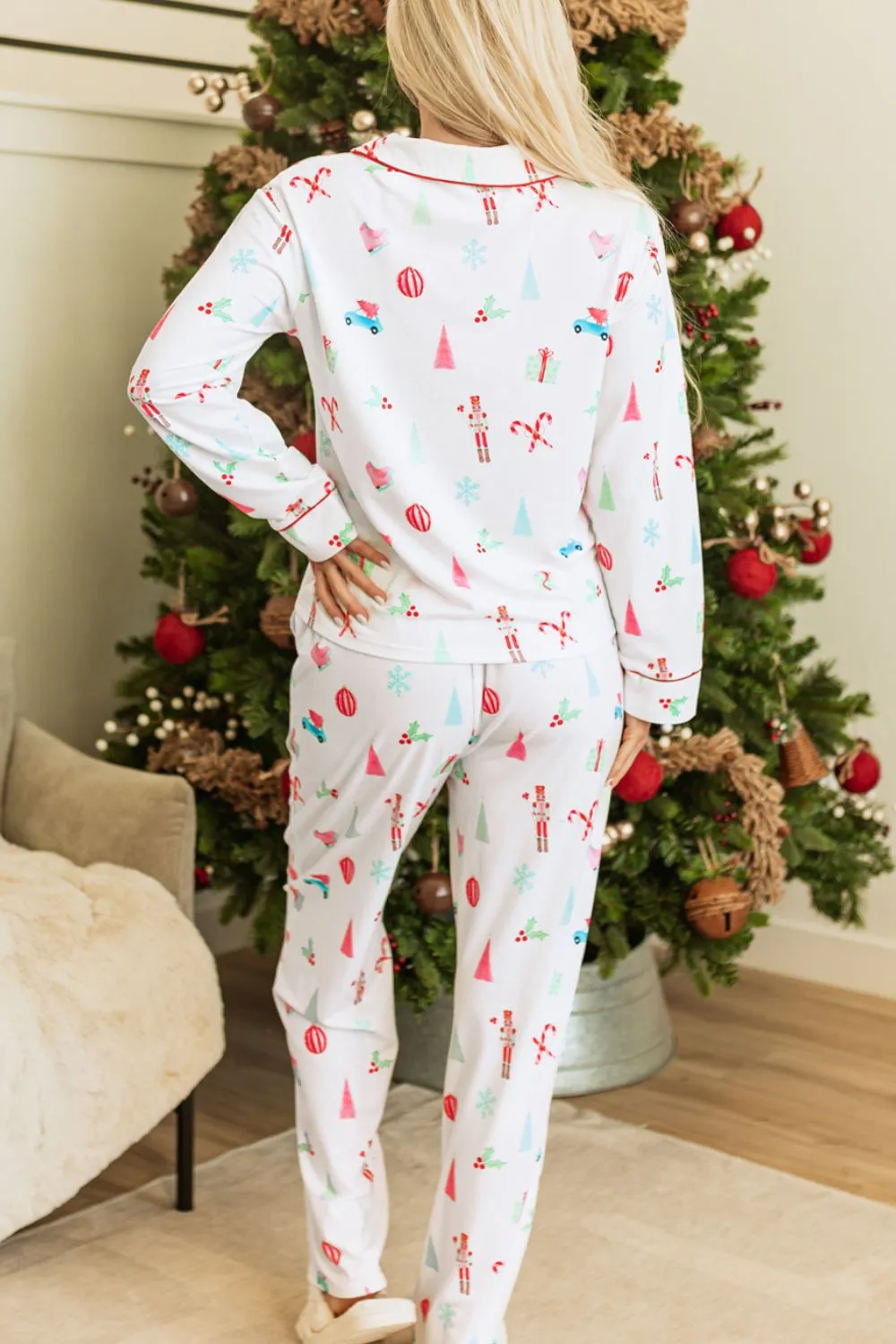 kesley Christmas Printed Collared Neck Top and Pants Lounge Set