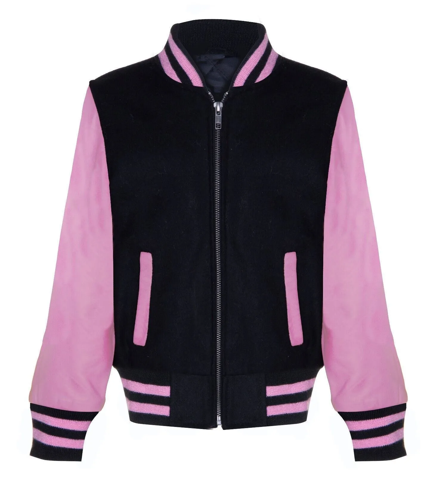 Kids Black Pink Varsity Bomber Jacket Wool Body Real Leather Sleeves