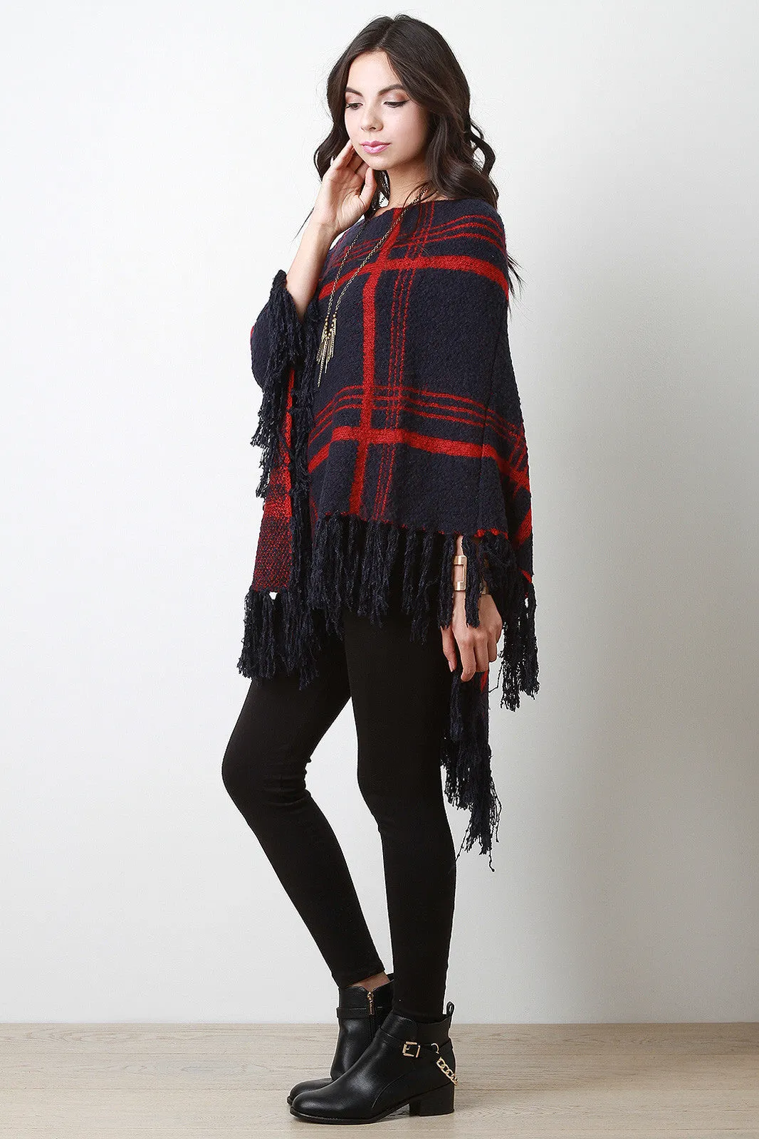 Large Grid V-Neck Poncho