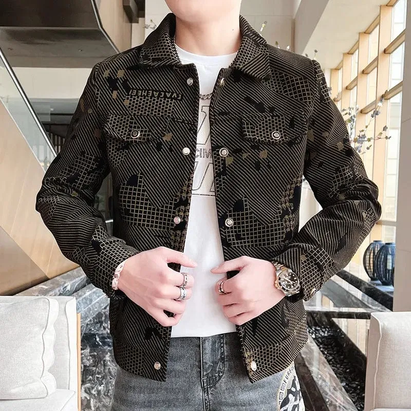 Luxury Plaid Elegance: Business Casual Slim Lapel Bomber Jacket for Men's Fashionable Streetwear Wardrobe