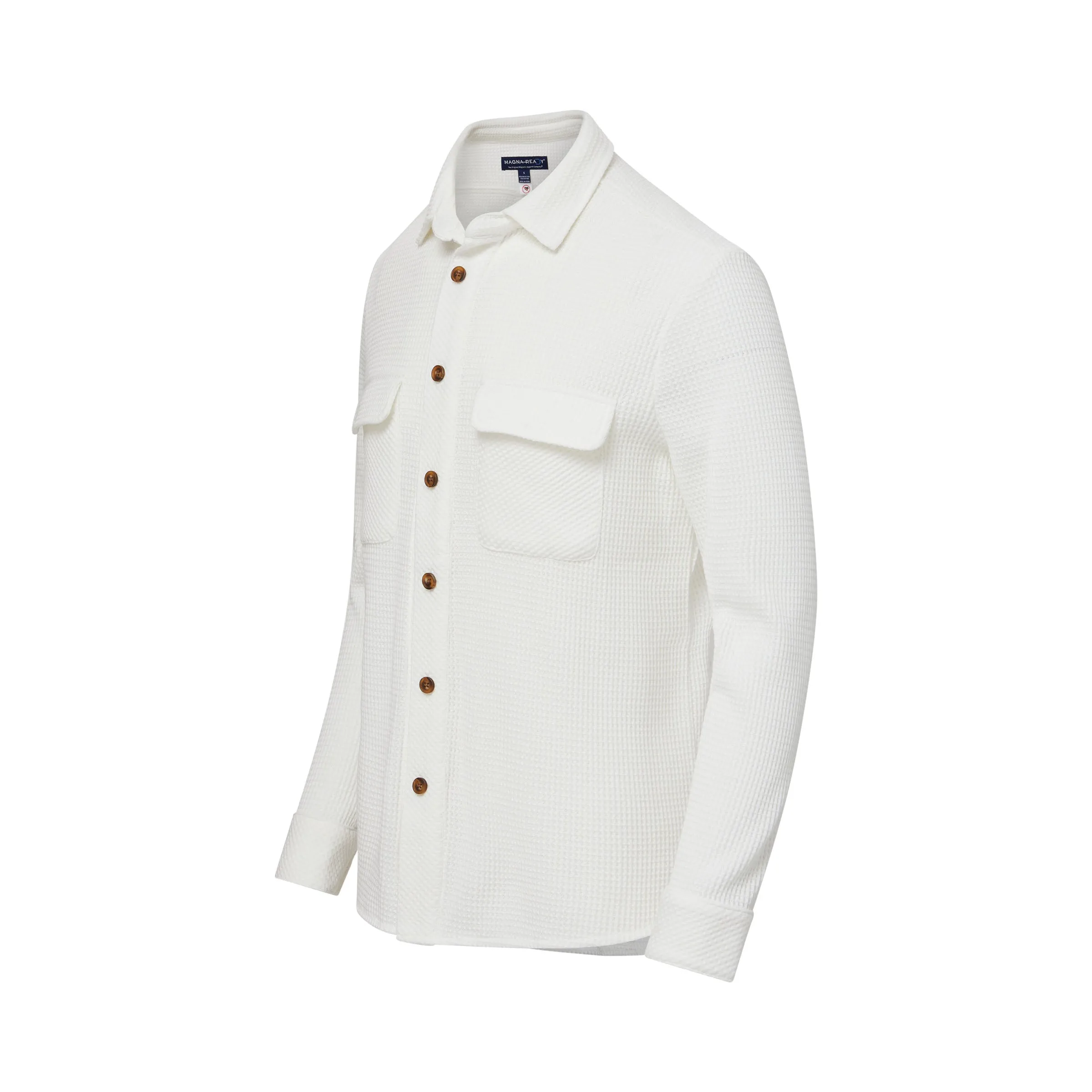 Magnetic Front Waffle Weave Casual Shirt with Dual Oversized Pockets in White