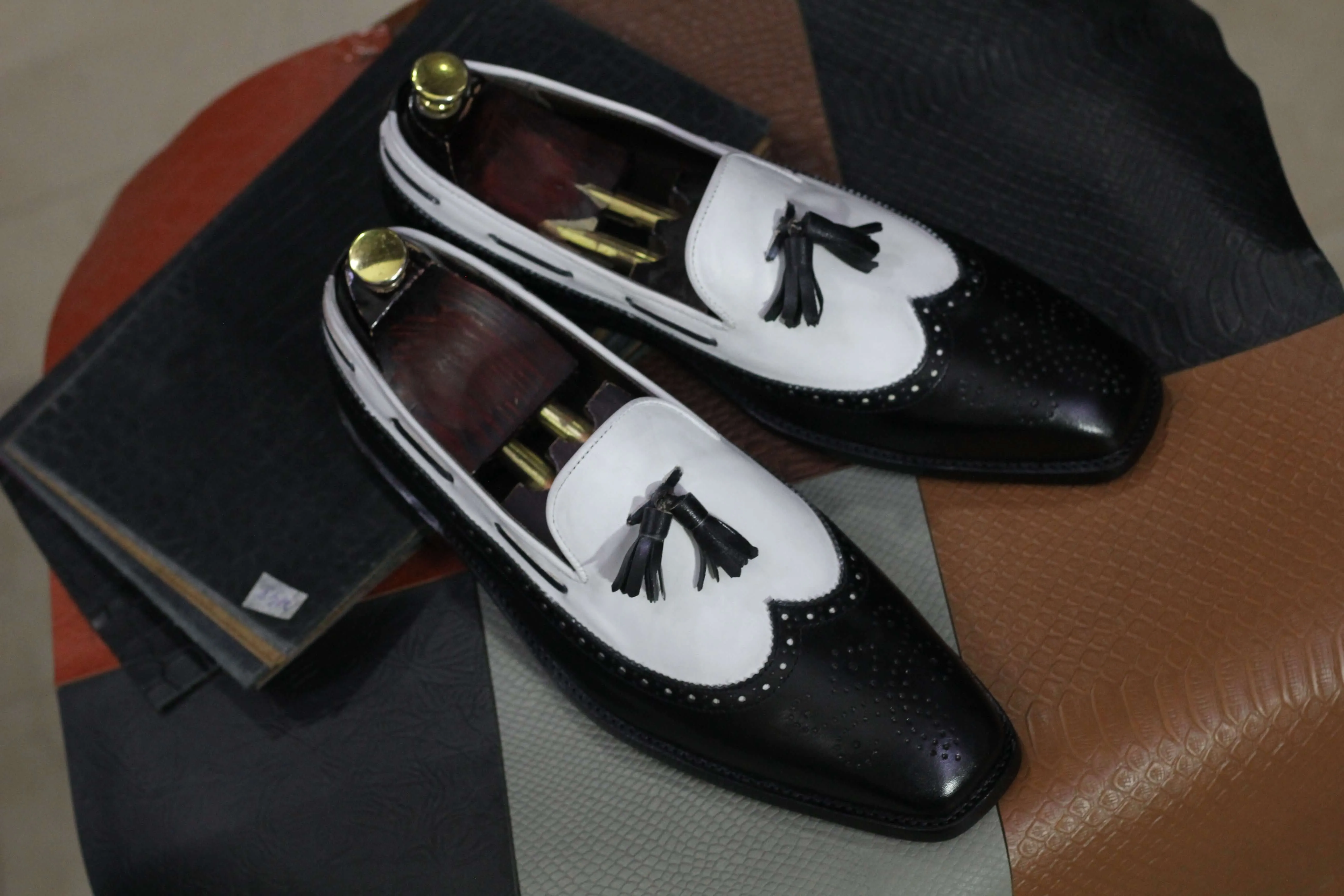 Men's Black &White Slip On Loafer Tussle Shoes, Hand Painted Shoes, Wing Tip Style Shoes