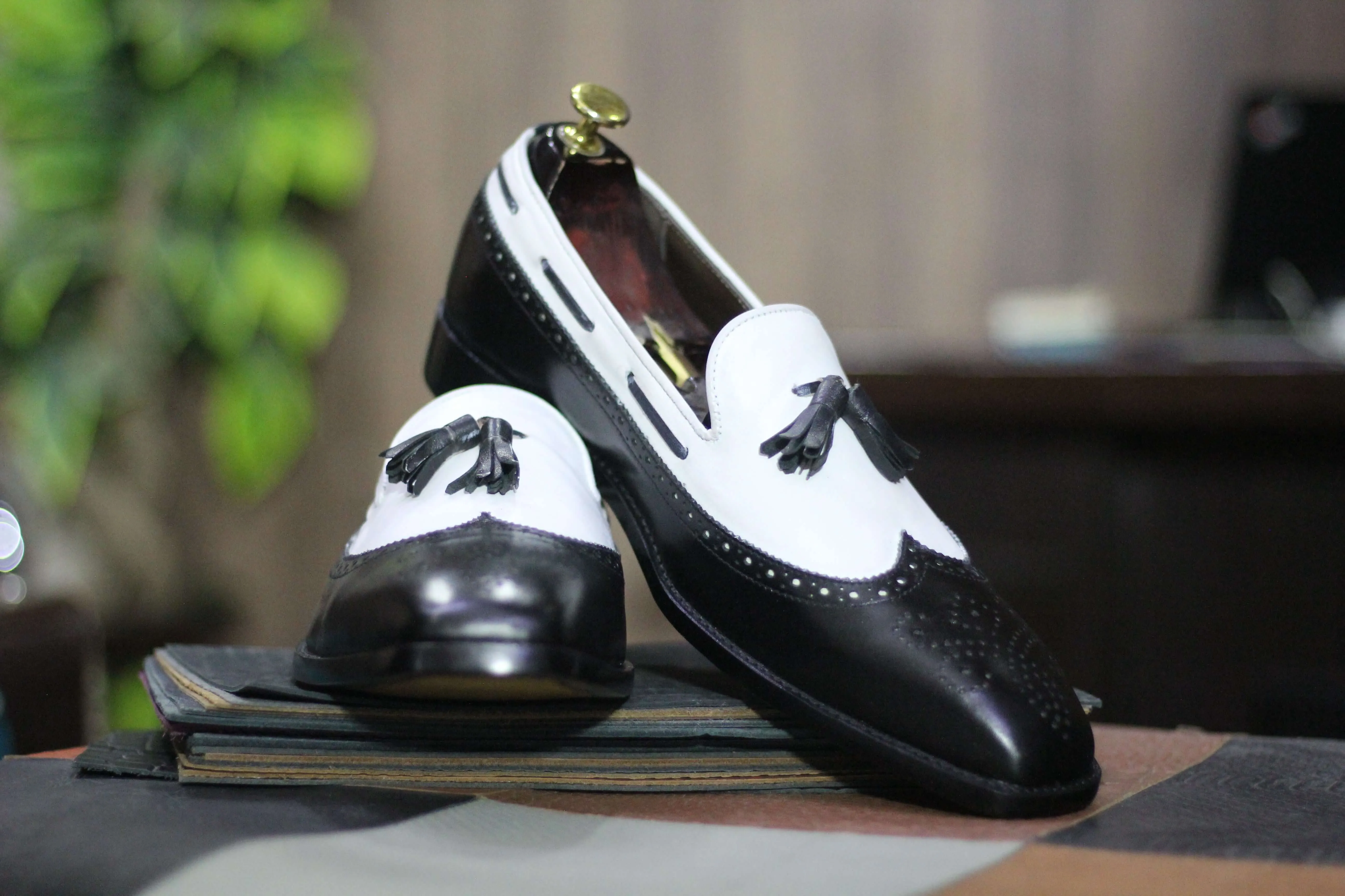 Men's Black &White Slip On Loafer Tussle Shoes, Hand Painted Shoes, Wing Tip Style Shoes