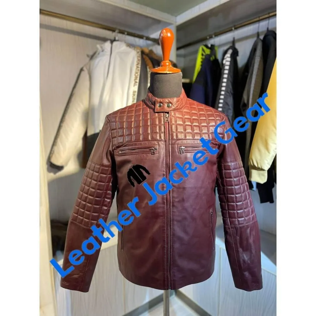 Mens Burgundy Leather Quilted Jacket