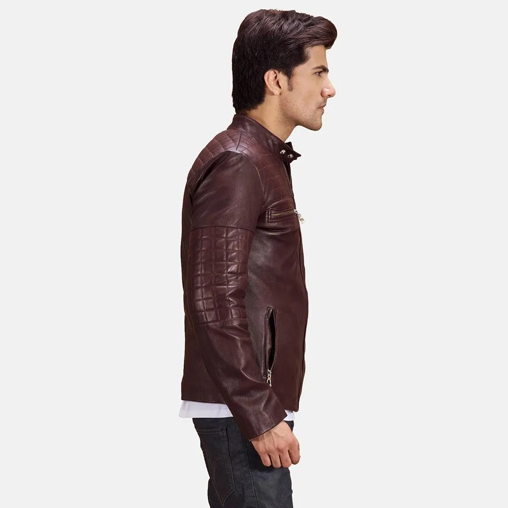 Mens Burgundy Leather Quilted Jacket