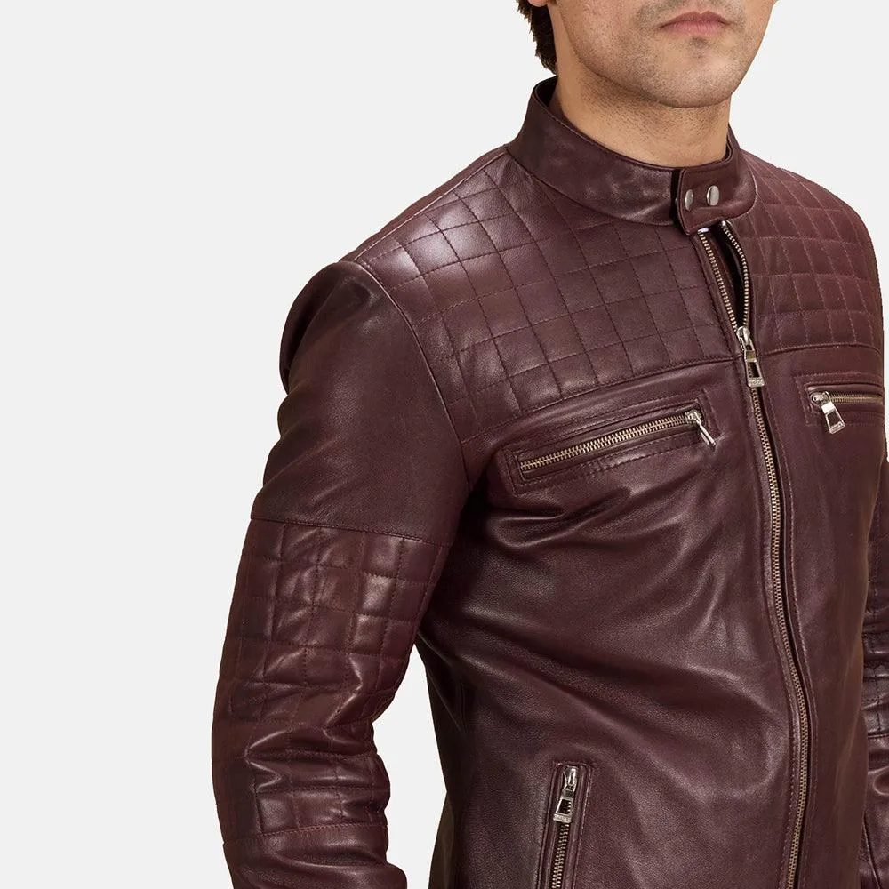 Mens Burgundy Leather Quilted Jacket