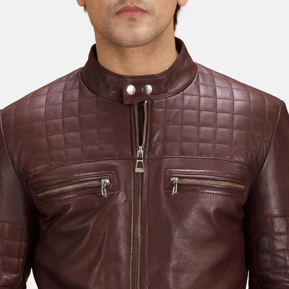 Mens Burgundy Leather Quilted Jacket