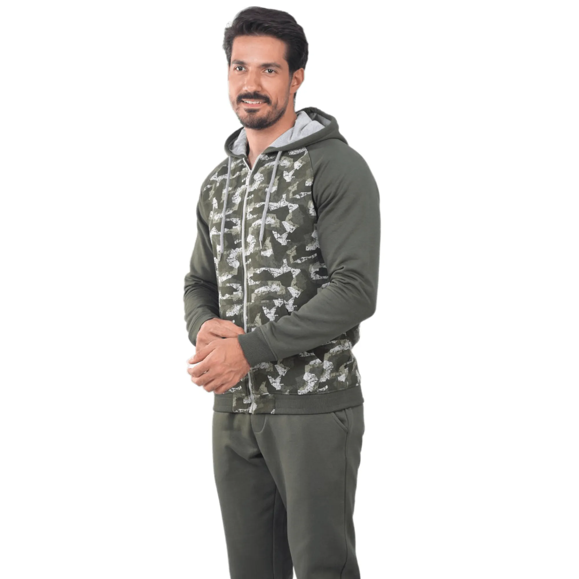 Men's Camo Green Winter Hoodie And Sweatpants Set - Stay Warm And Fashionable