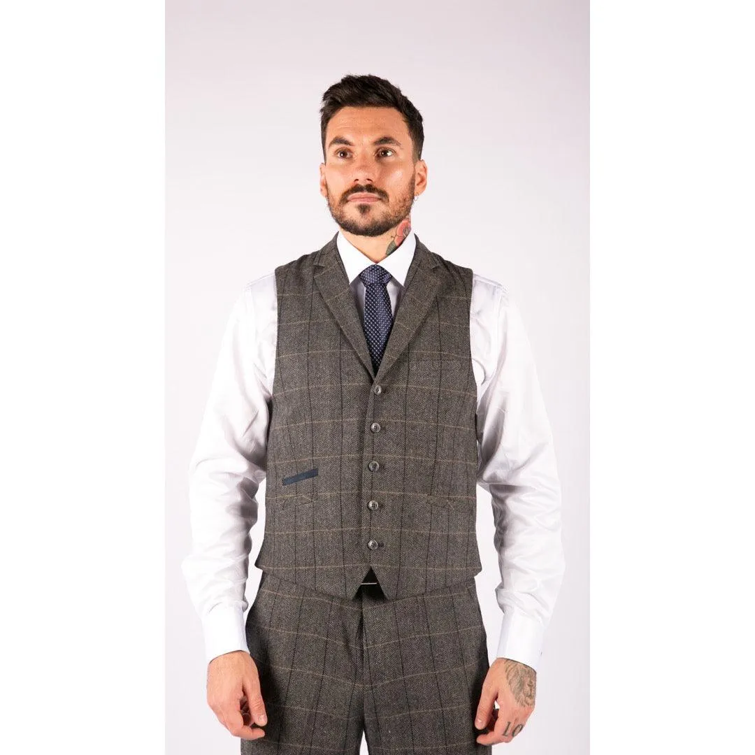 Mens Classic Tweed Herringbone Check Brown Grey Slim Fit Vintage Waistcoat Gilet