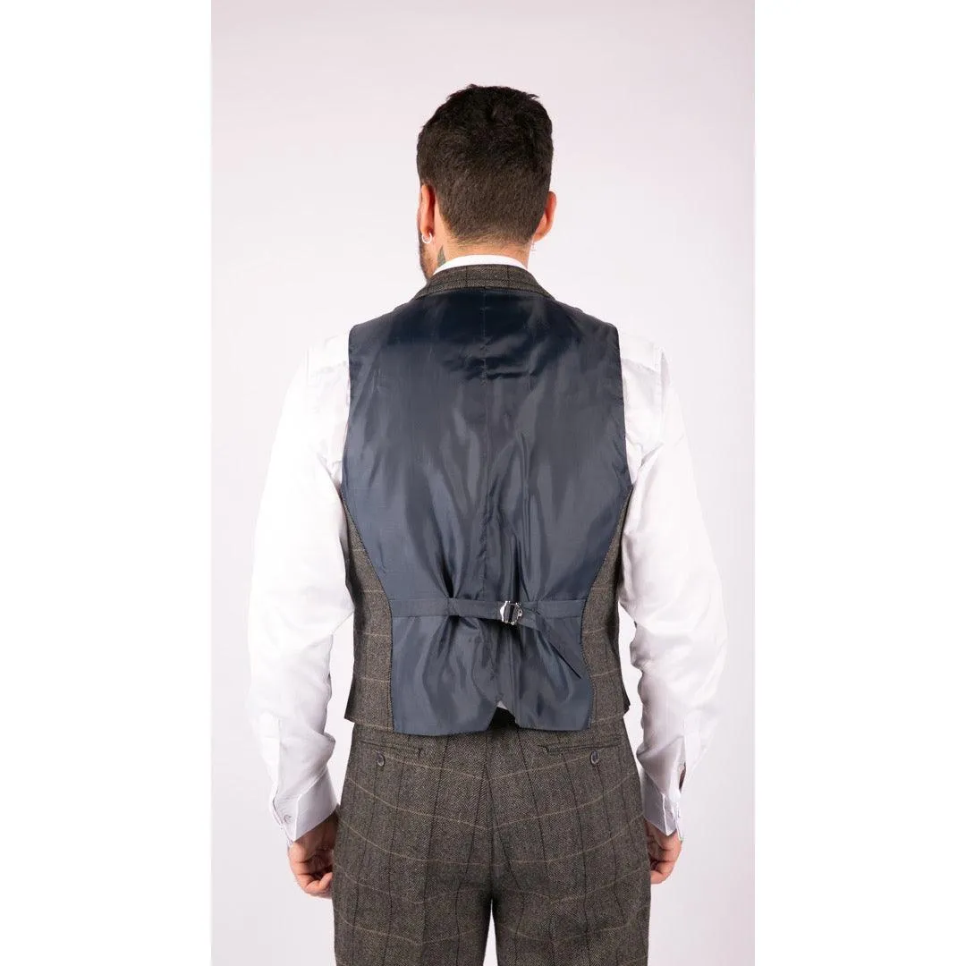 Mens Classic Tweed Herringbone Check Brown Grey Slim Fit Vintage Waistcoat Gilet