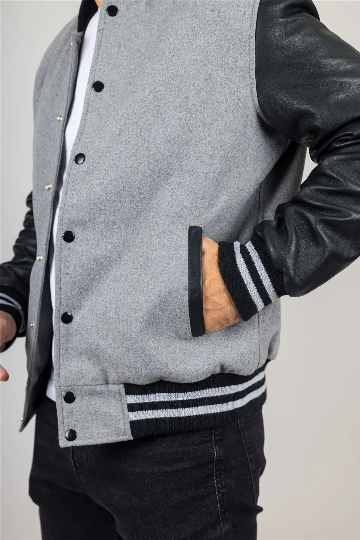 Men's Grey Black Varsity Bomber Jacket Wool Body Real Leather Sleeves College Baseball Coat