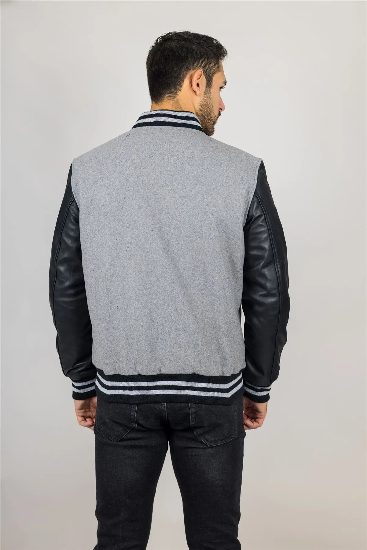 Men's Grey Black Varsity Bomber Jacket Wool Body Real Leather Sleeves College Baseball Coat