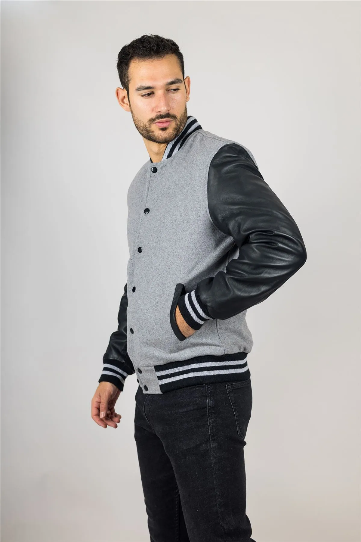 Men's Grey Black Varsity Bomber Jacket Wool Body Real Leather Sleeves College Baseball Coat