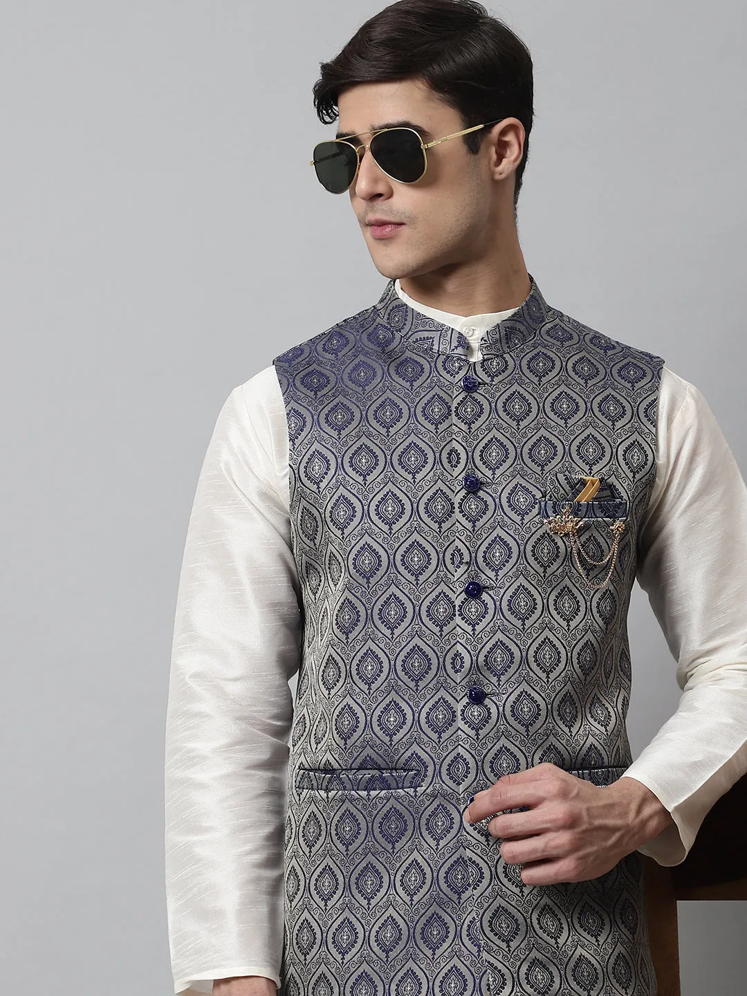 Men'S Navy Blue Woven Design Waistcoats