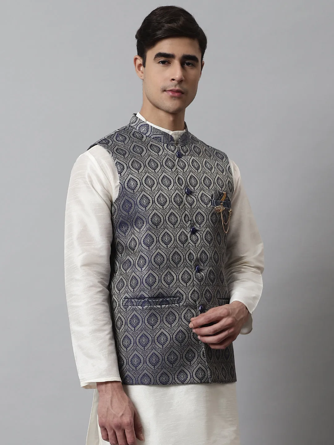 Men'S Navy Blue Woven Design Waistcoats