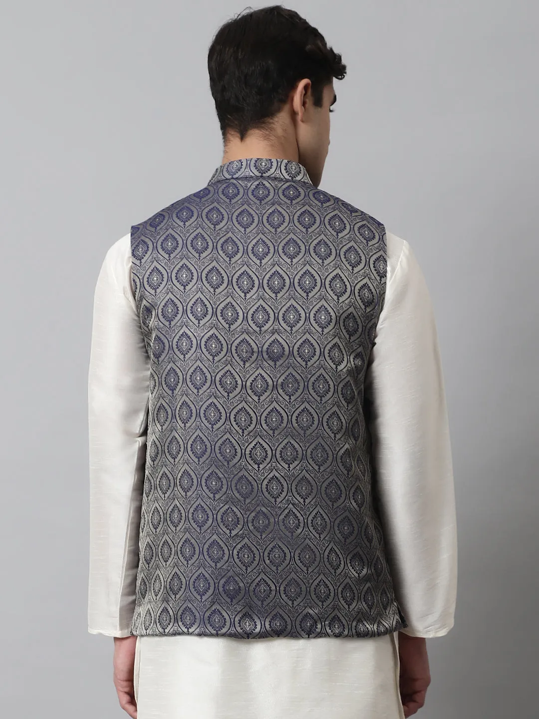 Men'S Navy Blue Woven Design Waistcoats