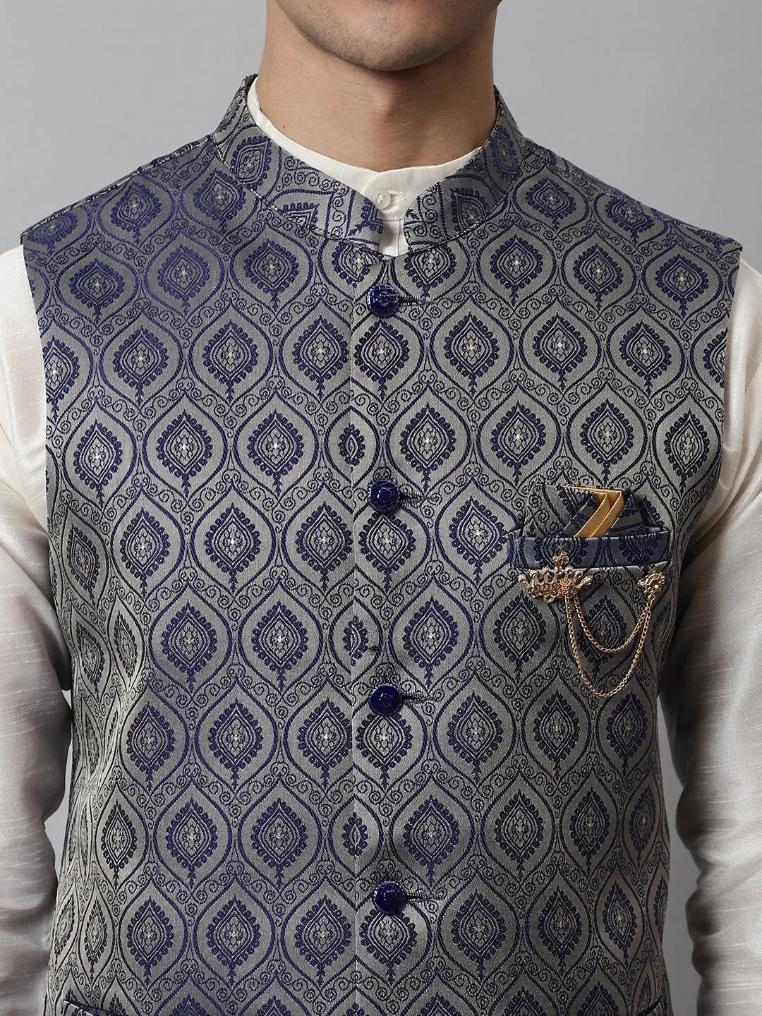 Men'S Navy Blue Woven Design Waistcoats