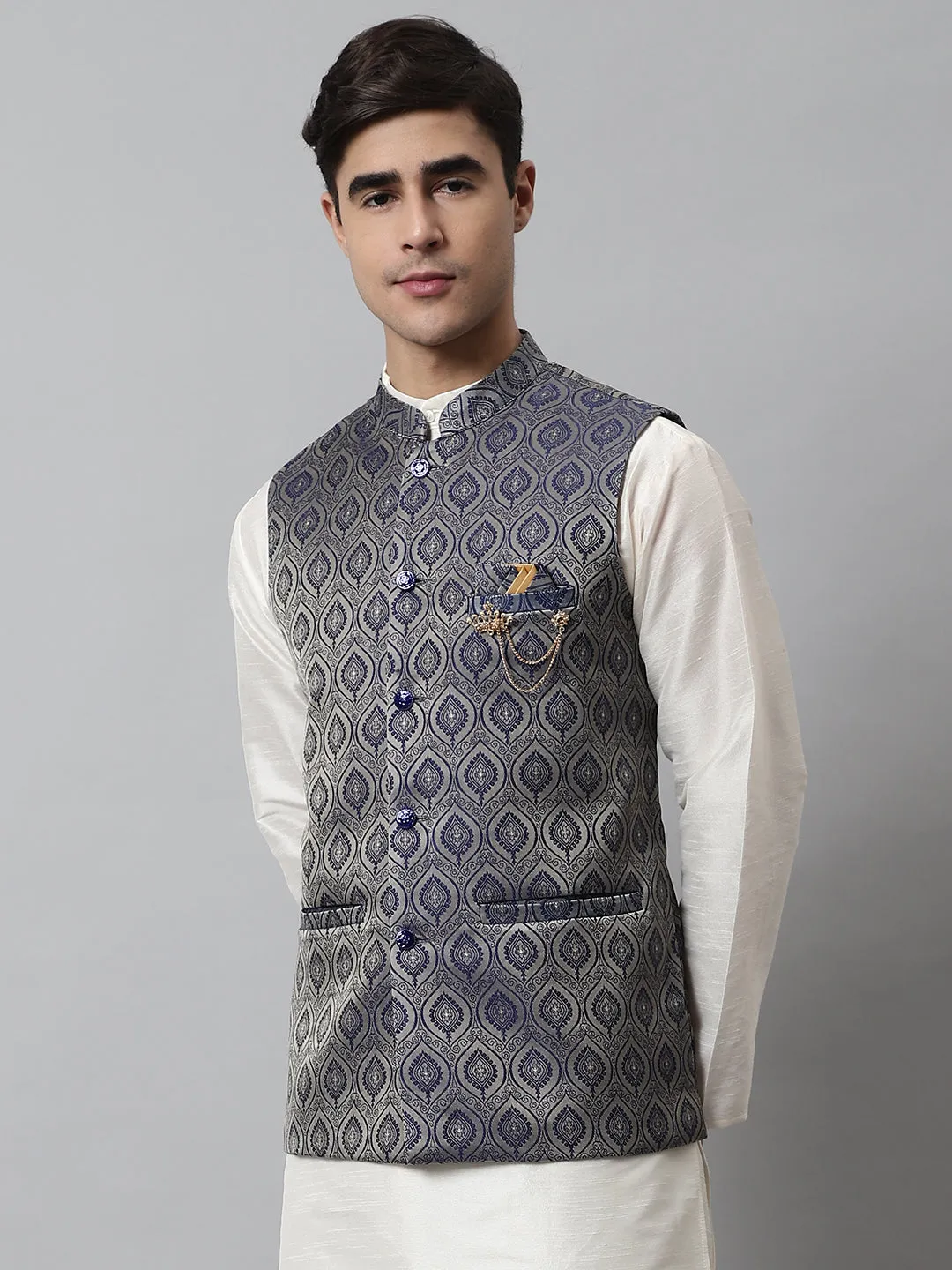 Men'S Navy Blue Woven Design Waistcoats