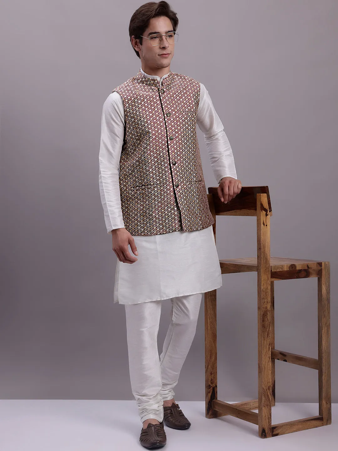 Men'S Peach Woven Design Nehru Jacket With Solid Kurta Pyjama.