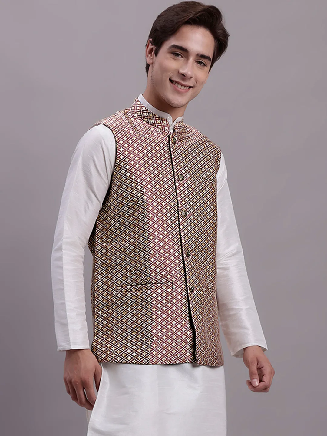 Men'S Peach Woven Design Nehru Jacket With Solid Kurta Pyjama.