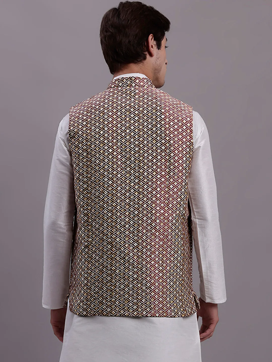 Men'S Peach Woven Design Nehru Jacket With Solid Kurta Pyjama.