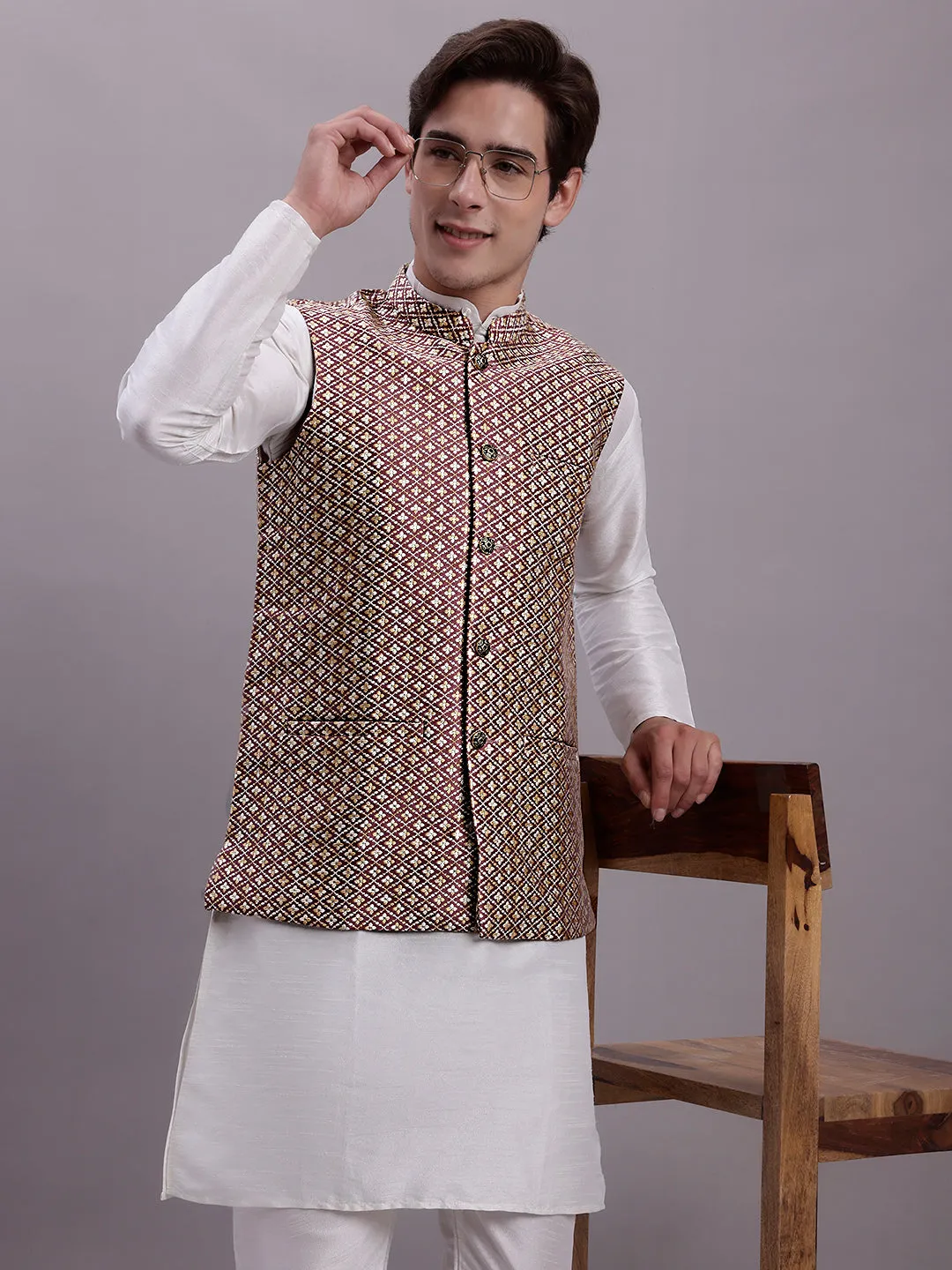 Men'S Peach Woven Design Nehru Jacket With Solid Kurta Pyjama.