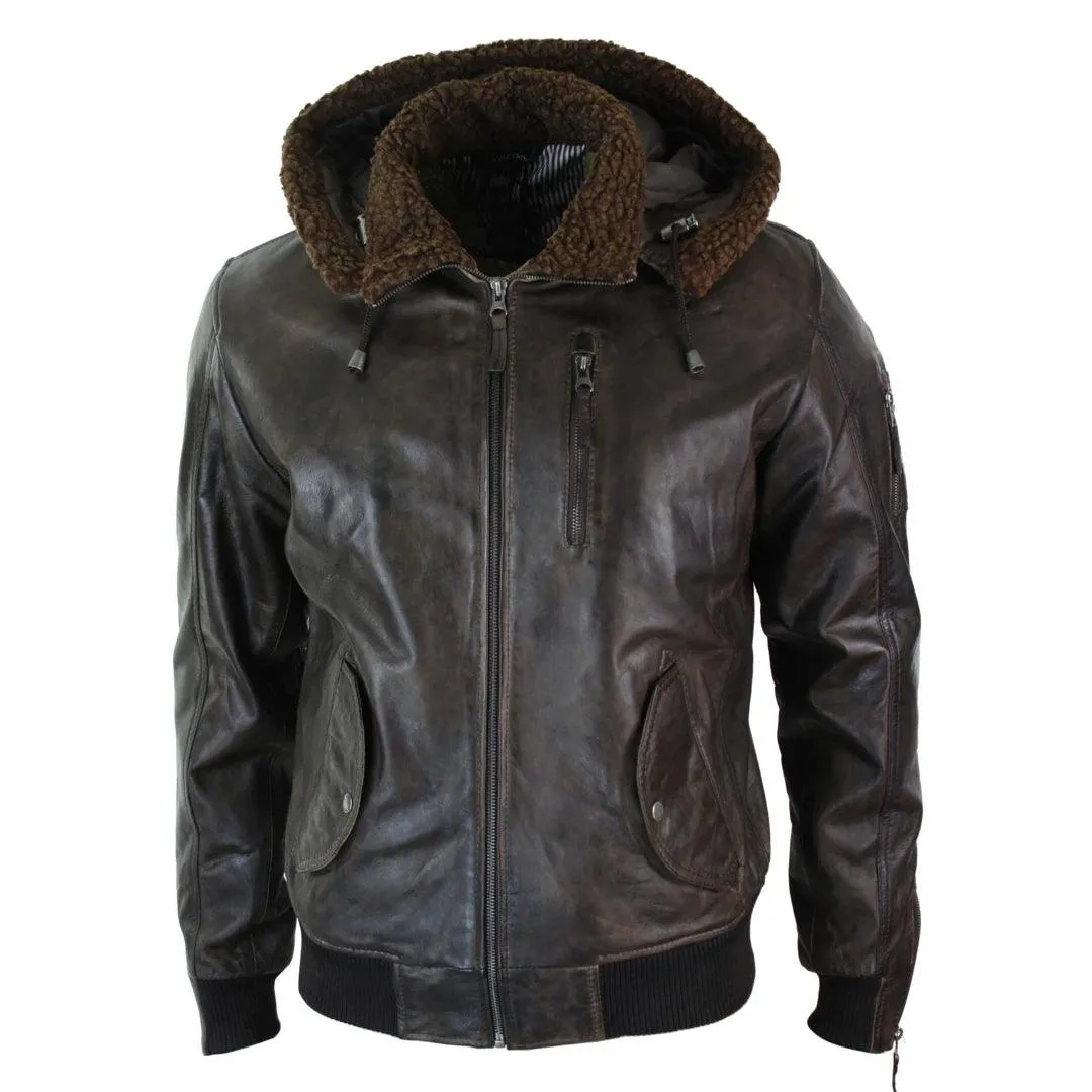 Mens Real Leather Hood Fur Jacket Bomber Aviator Tan Brown Retro