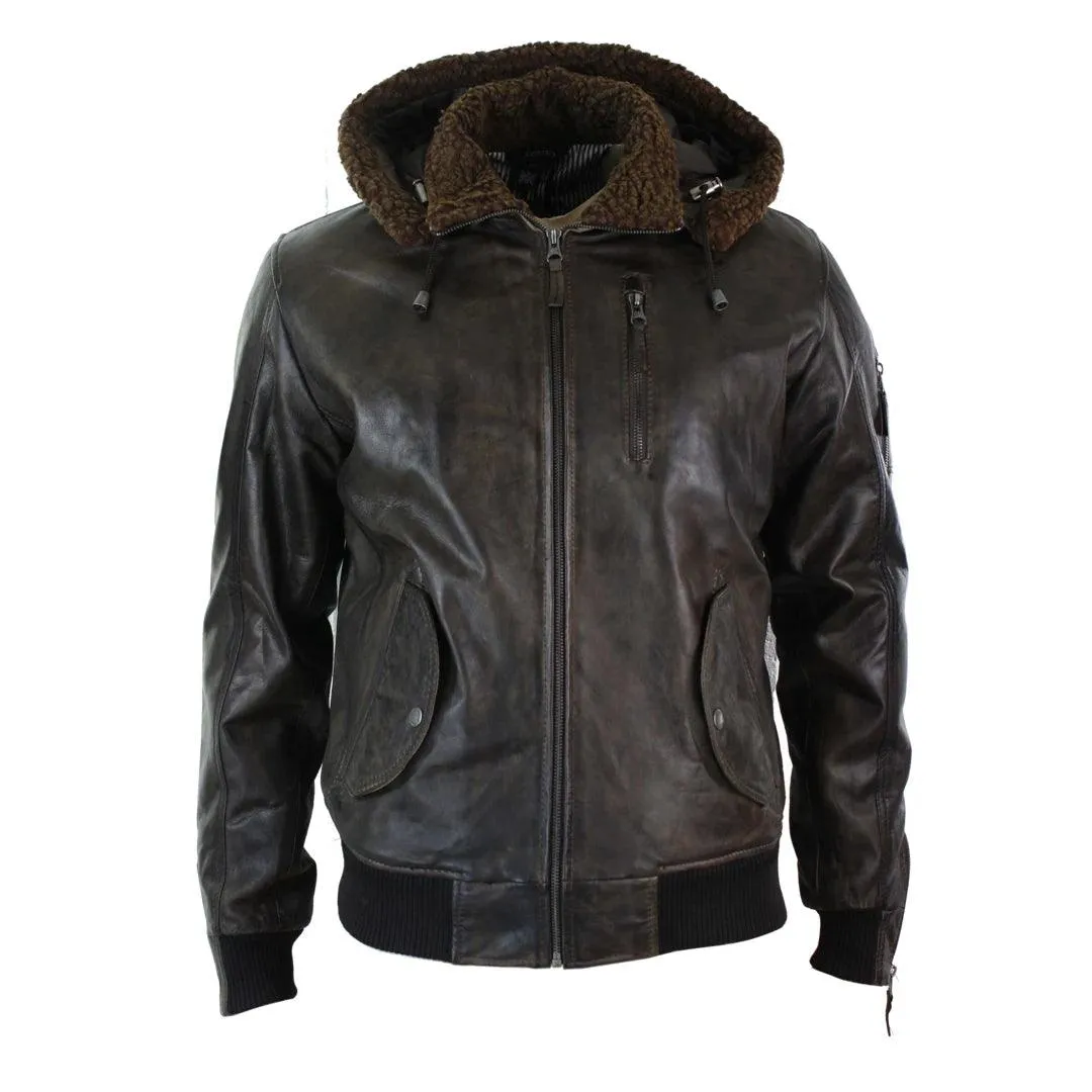 Mens Real Leather Hood Fur Jacket Bomber Aviator Tan Brown Retro