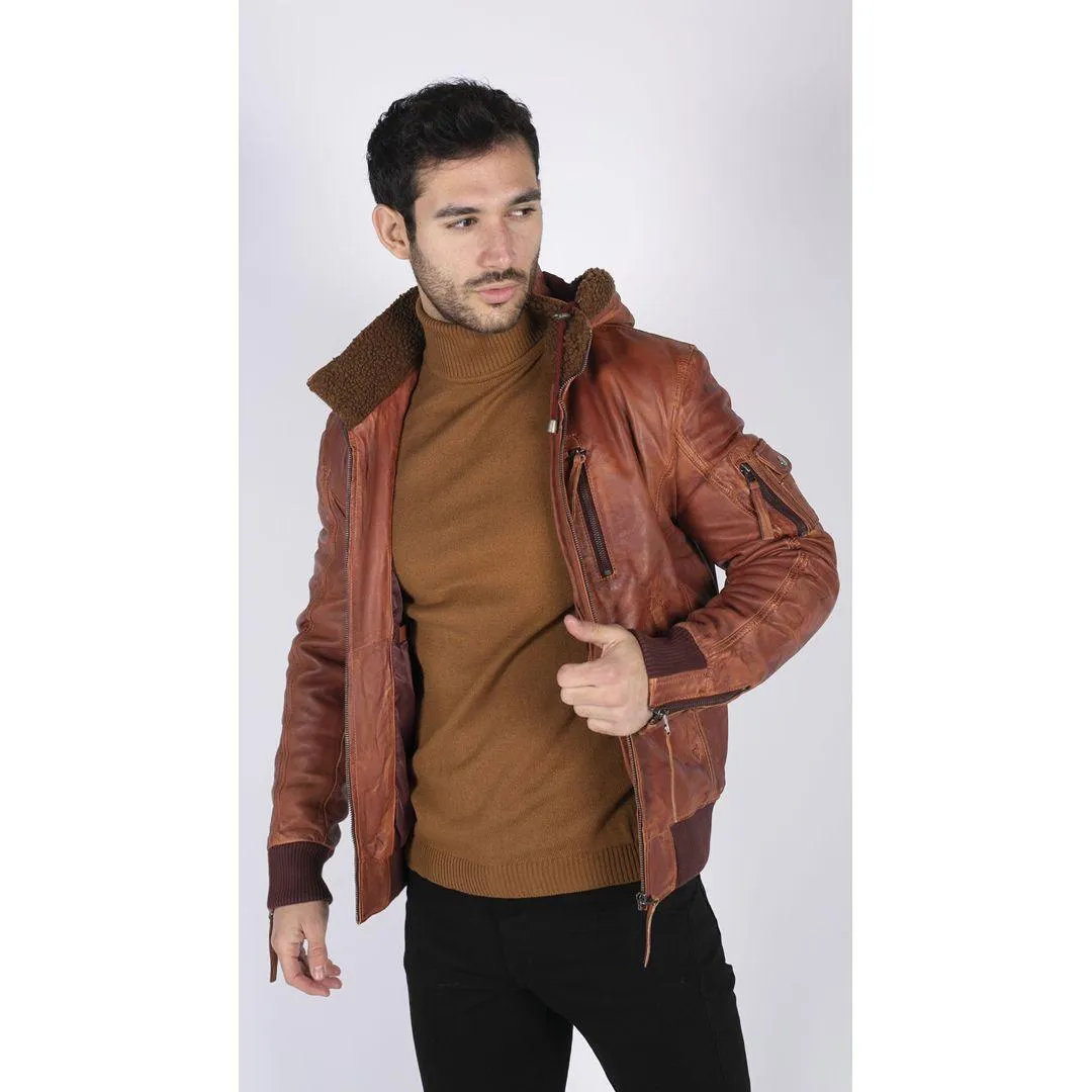 Mens Real Leather Hood Fur Jacket Bomber Aviator Tan Brown Retro