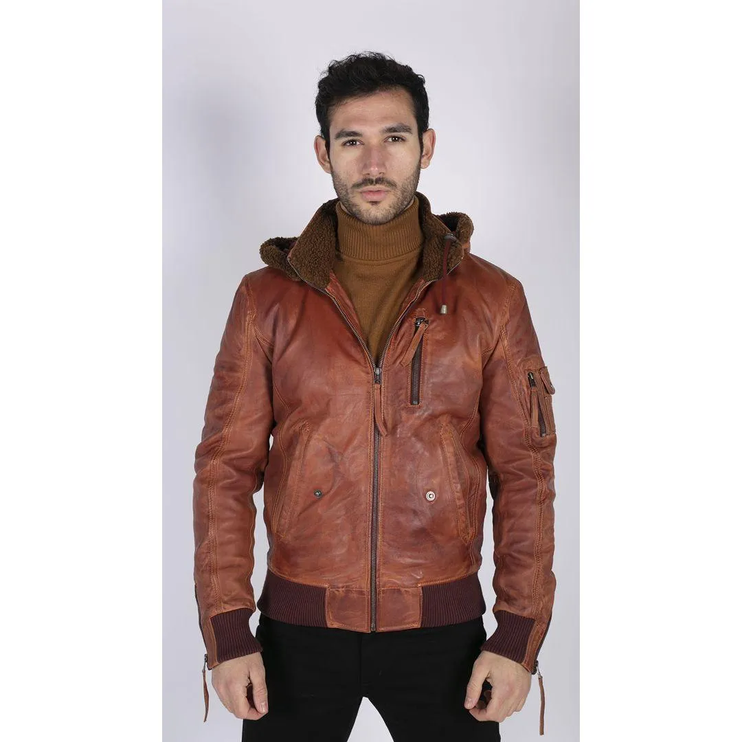 Mens Real Leather Hood Fur Jacket Bomber Aviator Tan Brown Retro