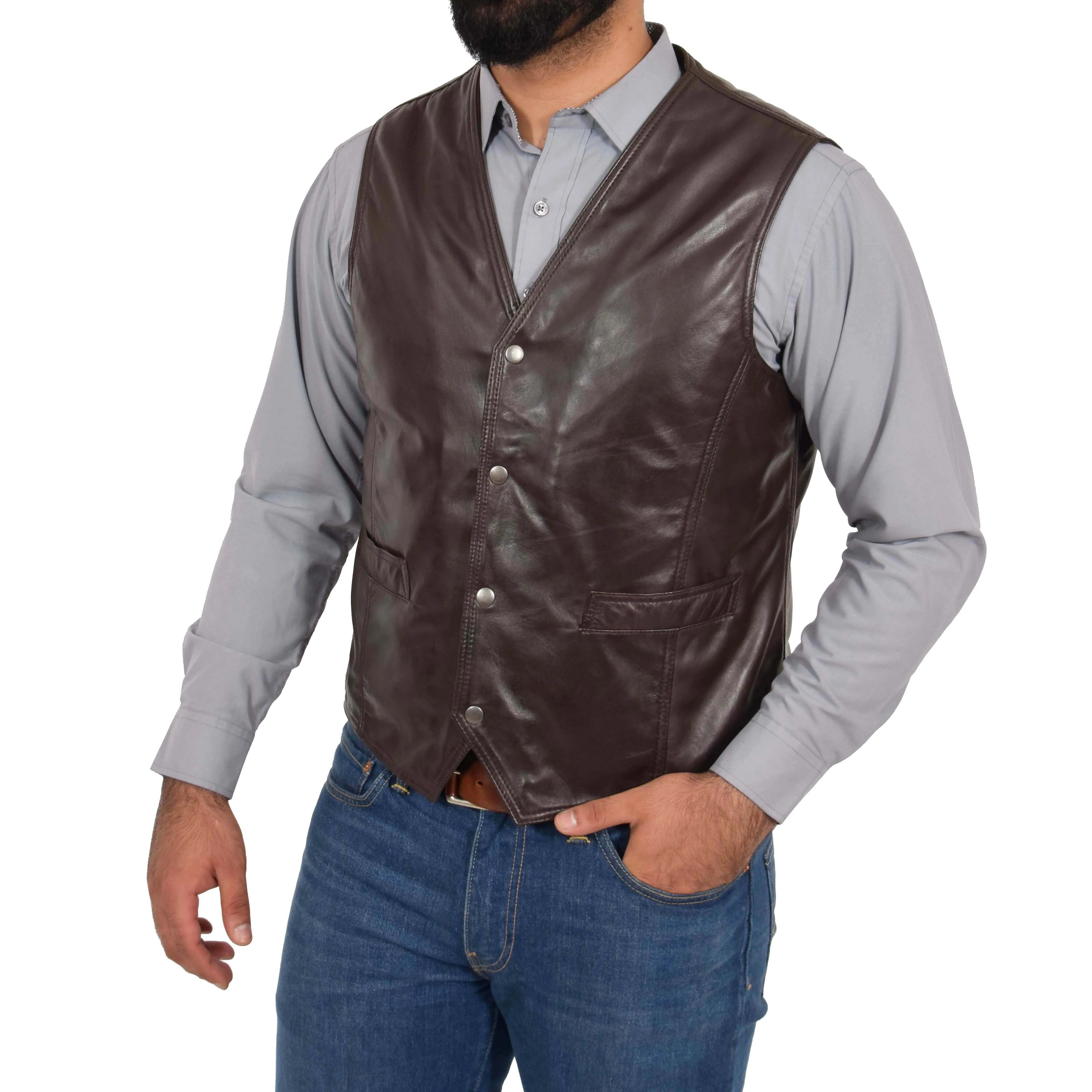 Mens Soft Leather Waistcoat Classic Gilet Bruno Brown