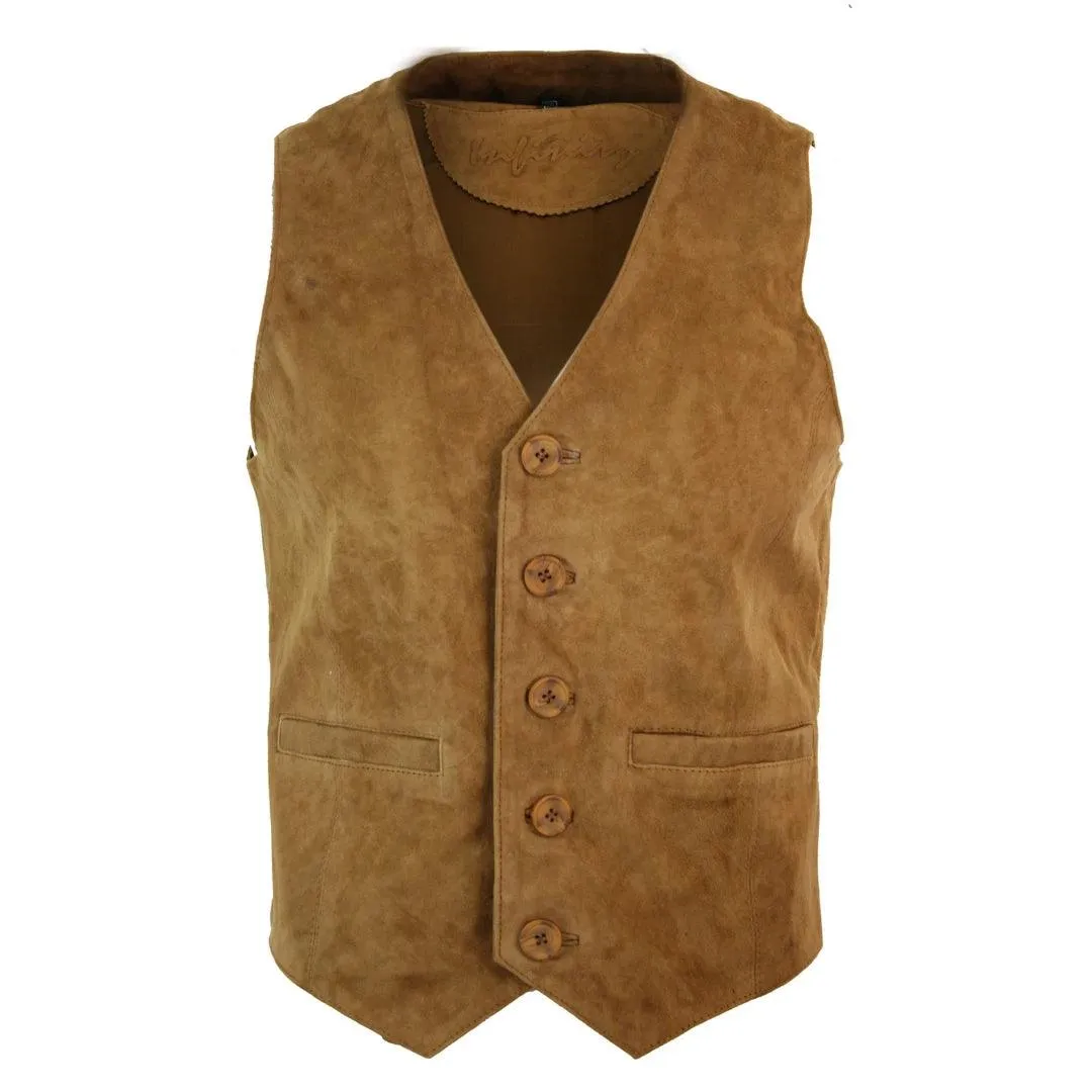 Mens Waistcoat Gilet Real Genuine Suede Leather Retro Vintage Western Vest