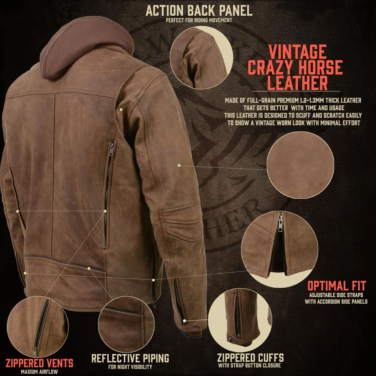 Milwaukee Leather MLM1511 Men's 'Vagabond' Vintage Crazy Horse' Brown Leather Jacket w/ Removable Hoodie