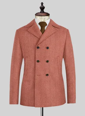 Naples Wide Herringbone Carmine Pink Tweed Pea Coat