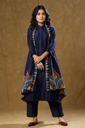 Navy Blue Dola Silk Kurta Pant And Jacket Set