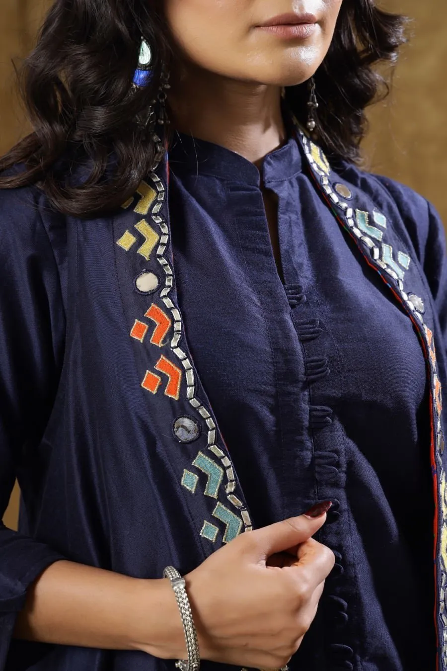 Navy Blue Dola Silk Kurta Pant And Jacket Set