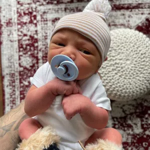 Newborn Baby Boy Hospital Nursery Beanie Hat With Mixed White and Tan Pom Pom, Infant Hat Newborn Hat