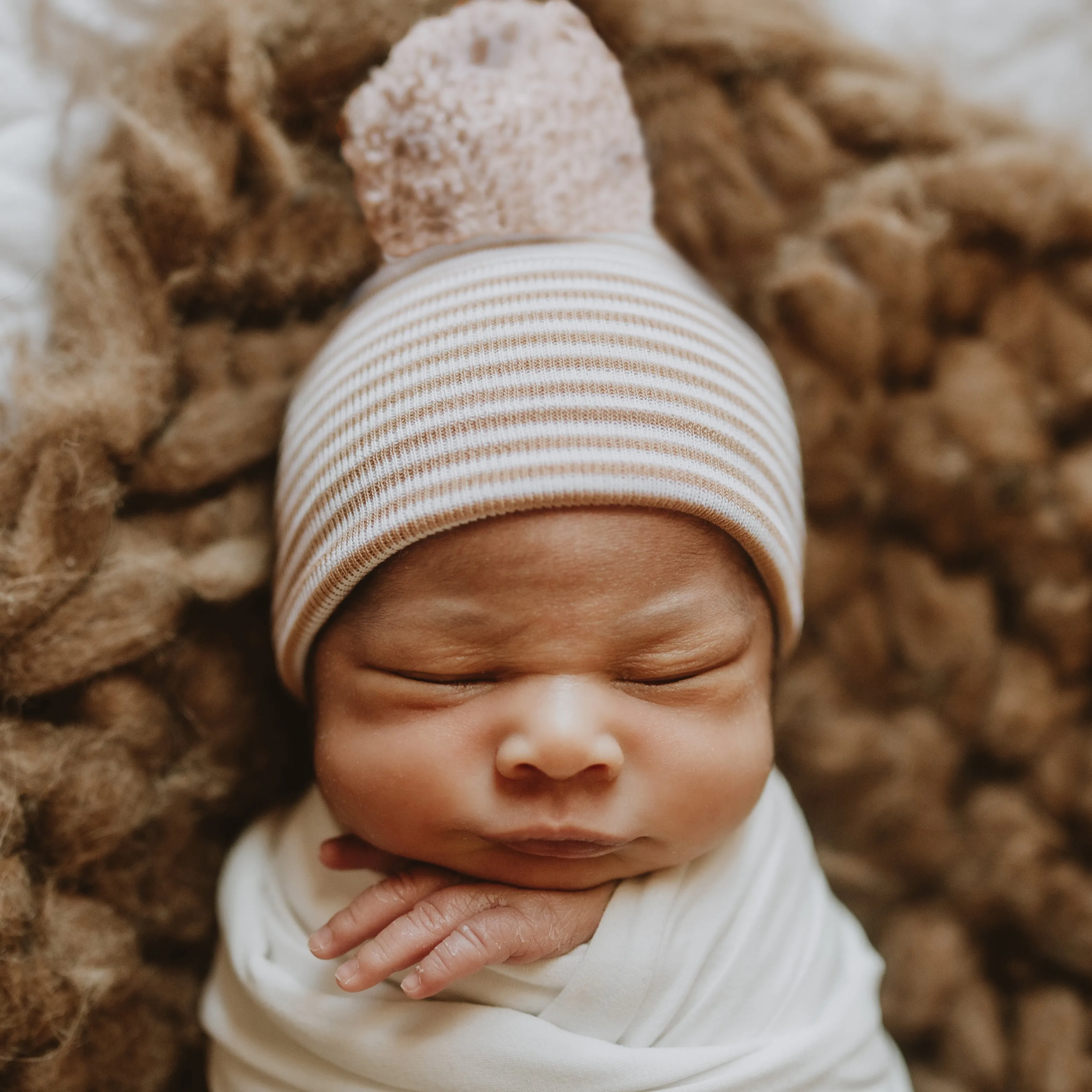 Newborn Baby Boy Hospital Nursery Beanie Hat With Mixed White and Tan Pom Pom, Infant Hat Newborn Hat