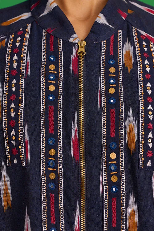 Okhai “Kalinga” Hand-Embroidered Tikki and Mirror work Ikkat Pure Cotton Bomber Jacket