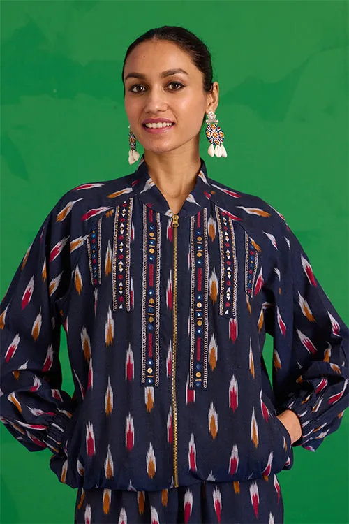 Okhai “Kalinga” Hand-Embroidered Tikki and Mirror work Ikkat Pure Cotton Bomber Jacket