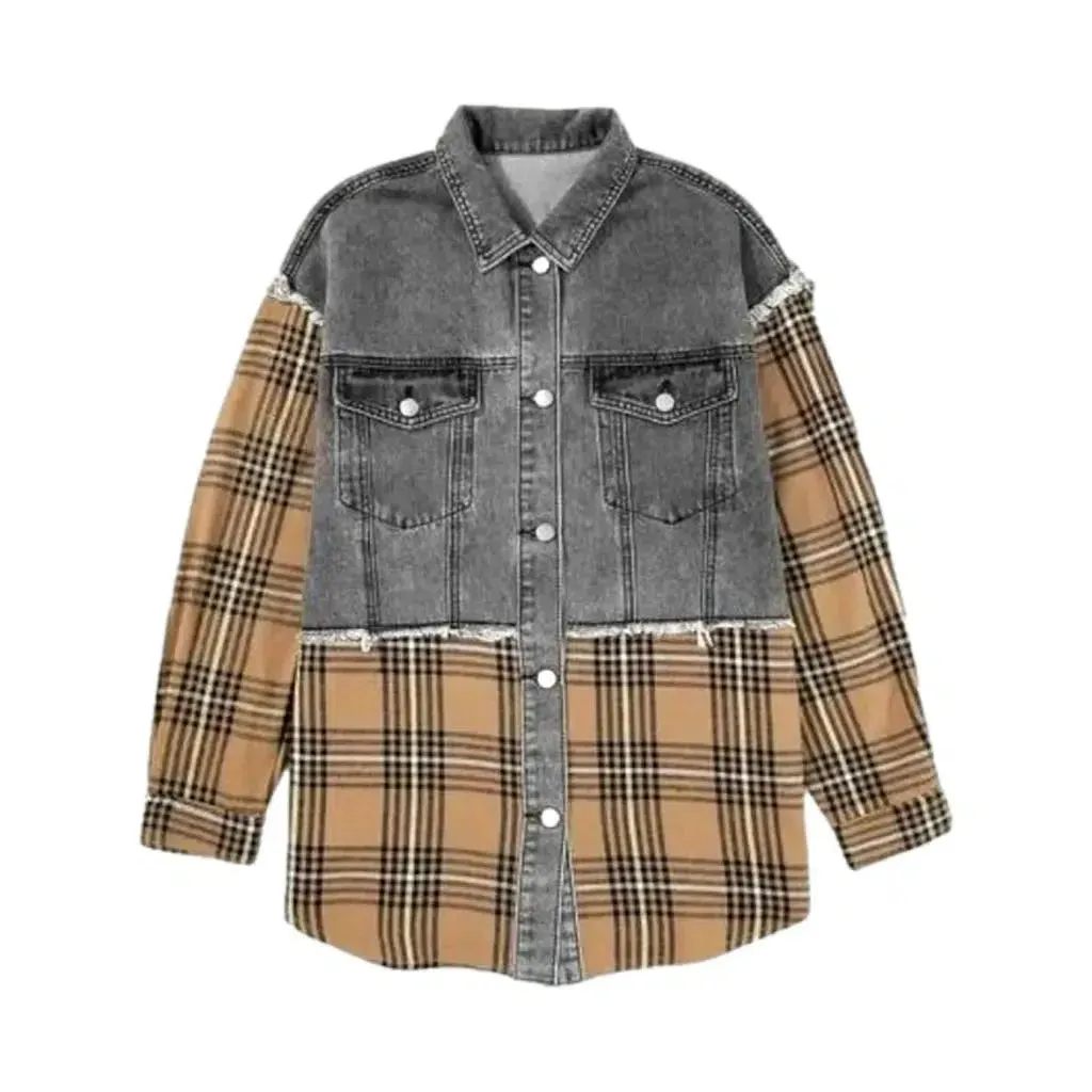 Oversized checkered denim jacket for ladies