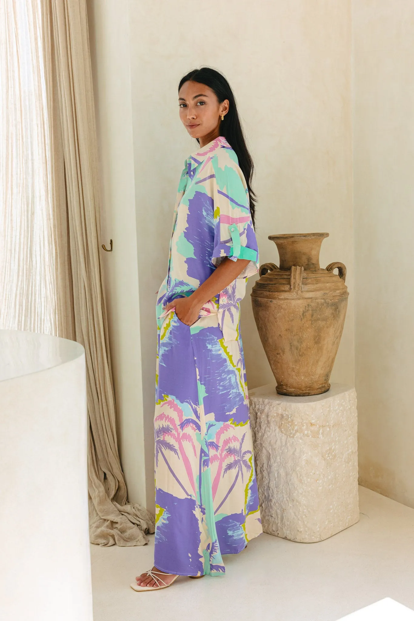 Paradisio Purple Tropical Wide Leg Cropped Pants