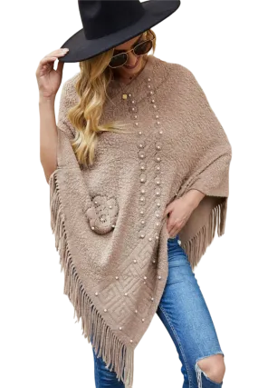 Pearl Trim Fringe Hem Poncho